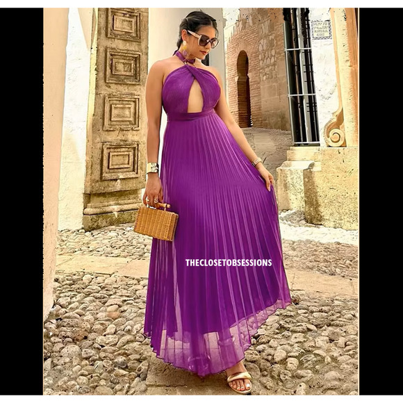 ZARA Purple Halter Pleated Midi Dress NWT Gold Buckle Cutout, Size L, XL - Picture 11 of 16